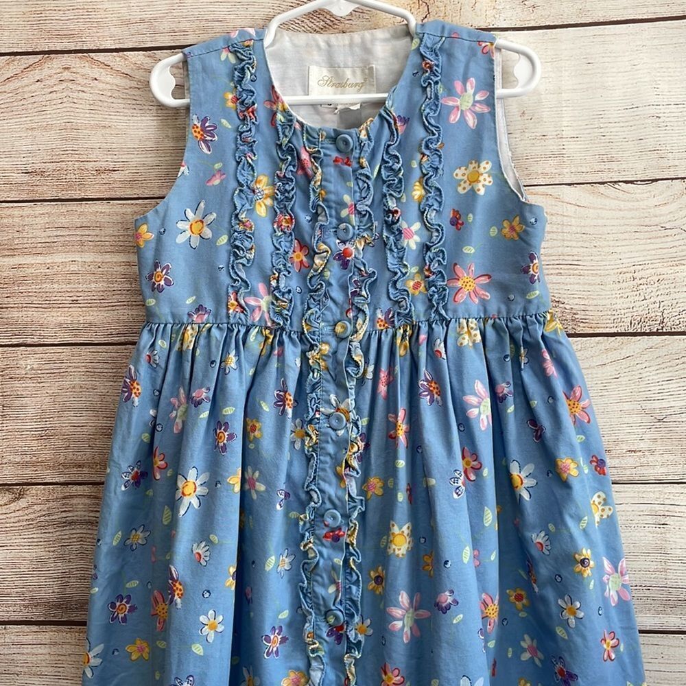 VINTAGE STRASBURG RUFFLE FRONT DRESS IN‎ BLUE FLORAL PRINT - Picture 2 of 5